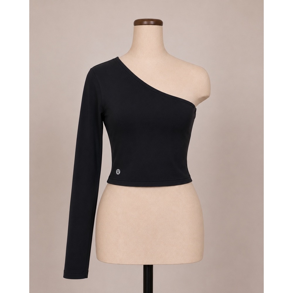 Lululemon One Shoulder Long Sleeve Crop Top Black Shelf Bra LW3HO2S Size 4